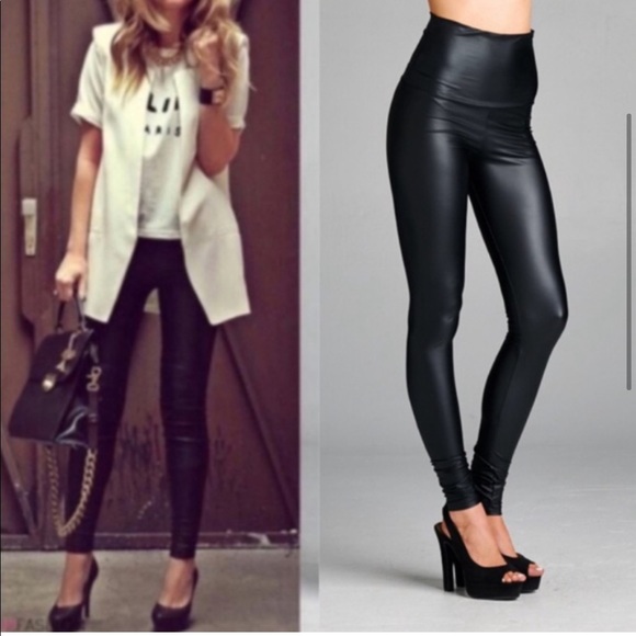 High Waist Folder-over Leather Leggings Black Matte - Picture 3 of 5